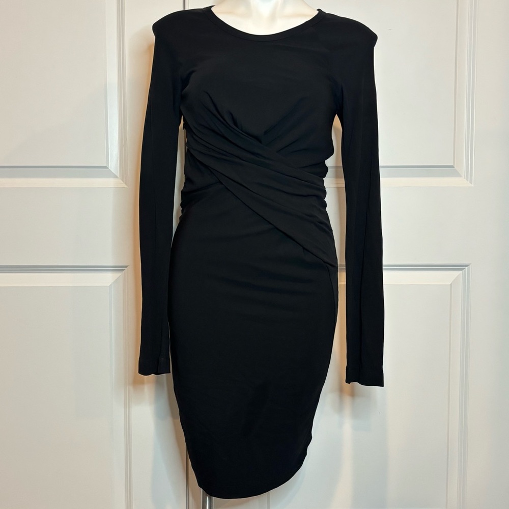 T Alexander Wang Black Pique Mesh Long Sleeve Cross Twist Front Bodycon Dress M